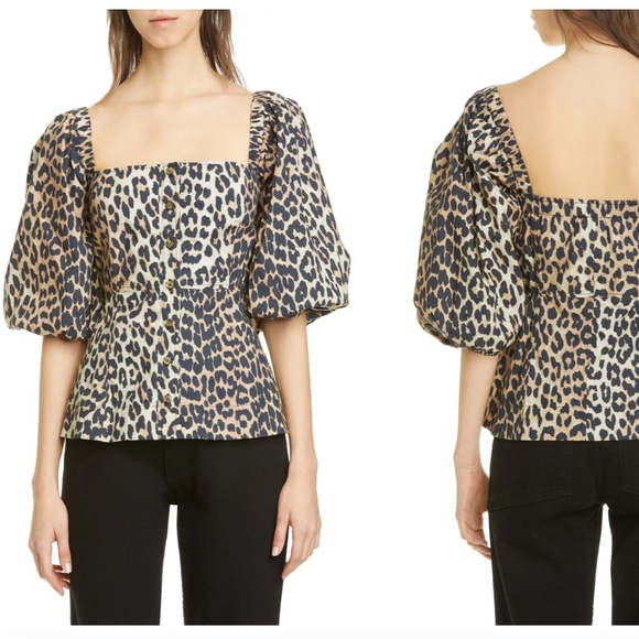 Ganni Tops - Ganni Leopard Print Puff Sleeve Blouse